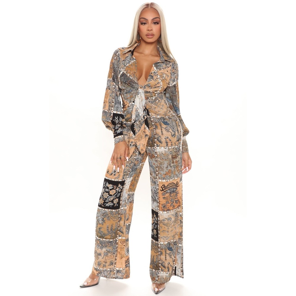 Fashion Nova Fashionably Late Patchwork Printed Jumpsuit Mocha/combo 3X Wide Leg